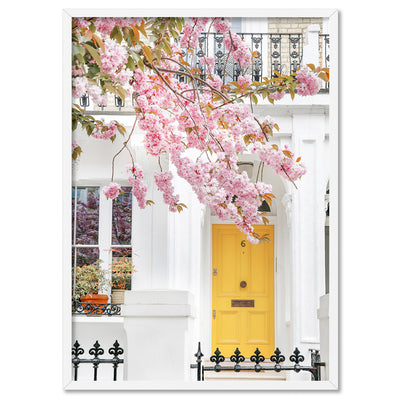 Yellow Door in London - Art Print by Victoria's Stories, Poster, Stretched Canvas, or Framed Wall Art Print, shown in a white frame