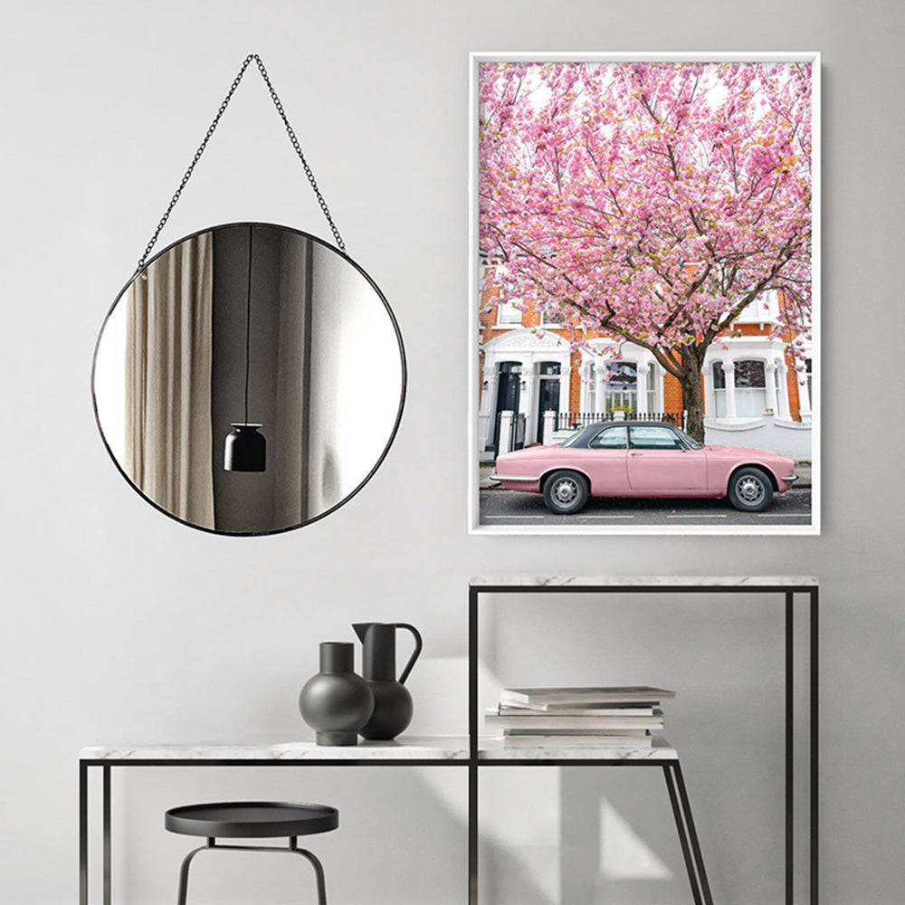 Pink Car in London - Art Print by Victoria's Stories, Poster, Stretched Canvas or Framed Wall Art Prints, shown framed in a room