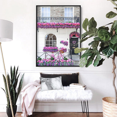 Purple Floral Terrace in London - Art Print by Victoria's Stories, Poster, Stretched Canvas or Framed Wall Art Prints, shown framed in a room