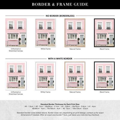 Pastel Pink House in London - Art Print by Victoria's Stories, Poster, Stretched Canvas or Framed Wall Art, Showing White , Black, Natural Frame Colours, No Frame (Unframed) or Stretched Canvas, and With or Without White Borders