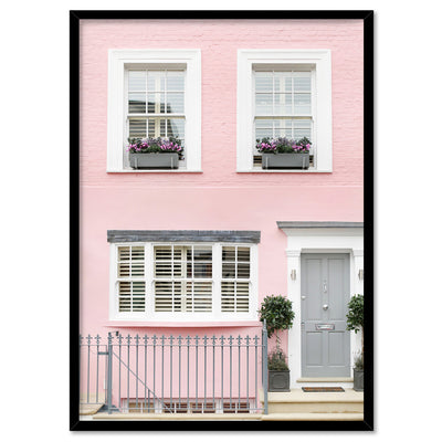 Pastel Pink House in London - Art Print by Victoria's Stories, Poster, Stretched Canvas, or Framed Wall Art Print, shown in a black frame