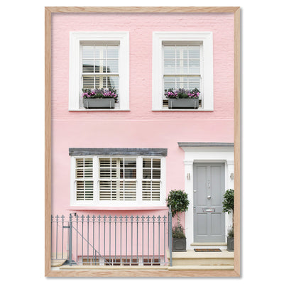 Pastel Pink House in London - Art Print by Victoria's Stories, Poster, Stretched Canvas, or Framed Wall Art Print, shown in a natural timber frame