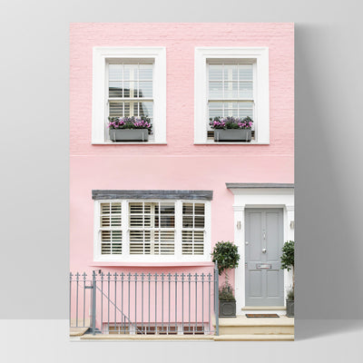 Pastel Pink House in London - Art Print by Victoria's Stories, Poster, Stretched Canvas, or Framed Wall Art Print, shown as a stretched canvas or poster without a frame