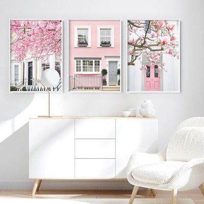 Pastel Pink House in London - Art Print by Victoria's Stories, Poster, Stretched Canvas or Framed Wall Art, shown framed in a home interior space