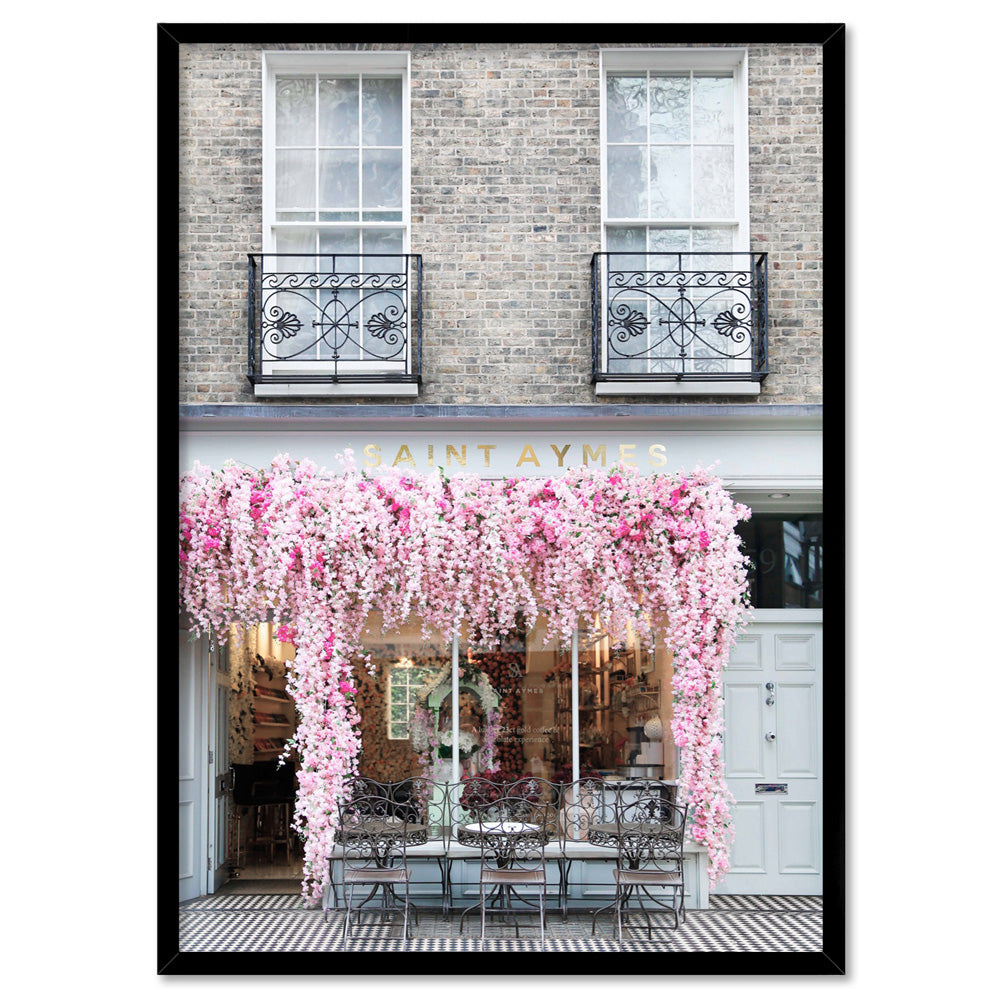 Floral Cafe in London - Art Print by Victoria's Stories, Poster, Stretched Canvas, or Framed Wall Art Print, shown in a black frame