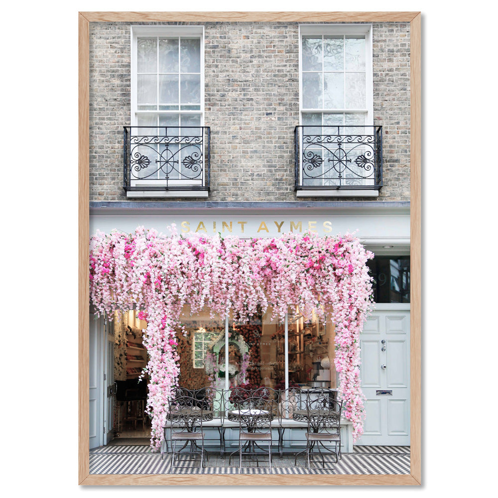 Floral Cafe in London - Art Print by Victoria's Stories, Poster, Stretched Canvas, or Framed Wall Art Print, shown in a natural timber frame
