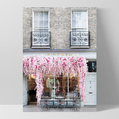 Floral Cafe in London - Art Print by Victoria's Stories, Poster, Stretched Canvas, or Framed Wall Art Print, shown as a stretched canvas or poster without a frame