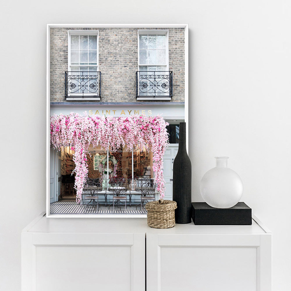 Floral Cafe in London - Art Print by Victoria's Stories, Poster, Stretched Canvas or Framed Wall Art Prints, shown framed in a room