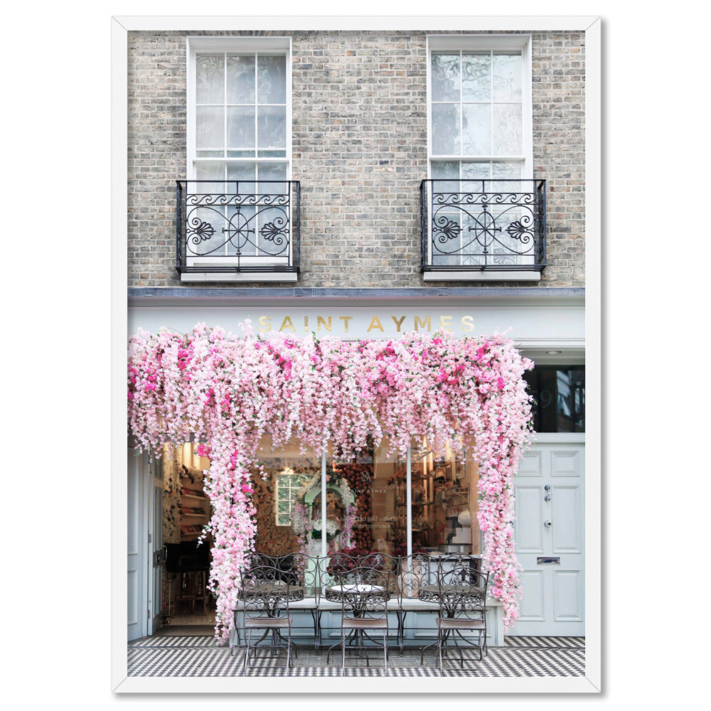 Floral Cafe in London - Art Print by Victoria's Stories, Poster, Stretched Canvas, or Framed Wall Art Print, shown in a white frame