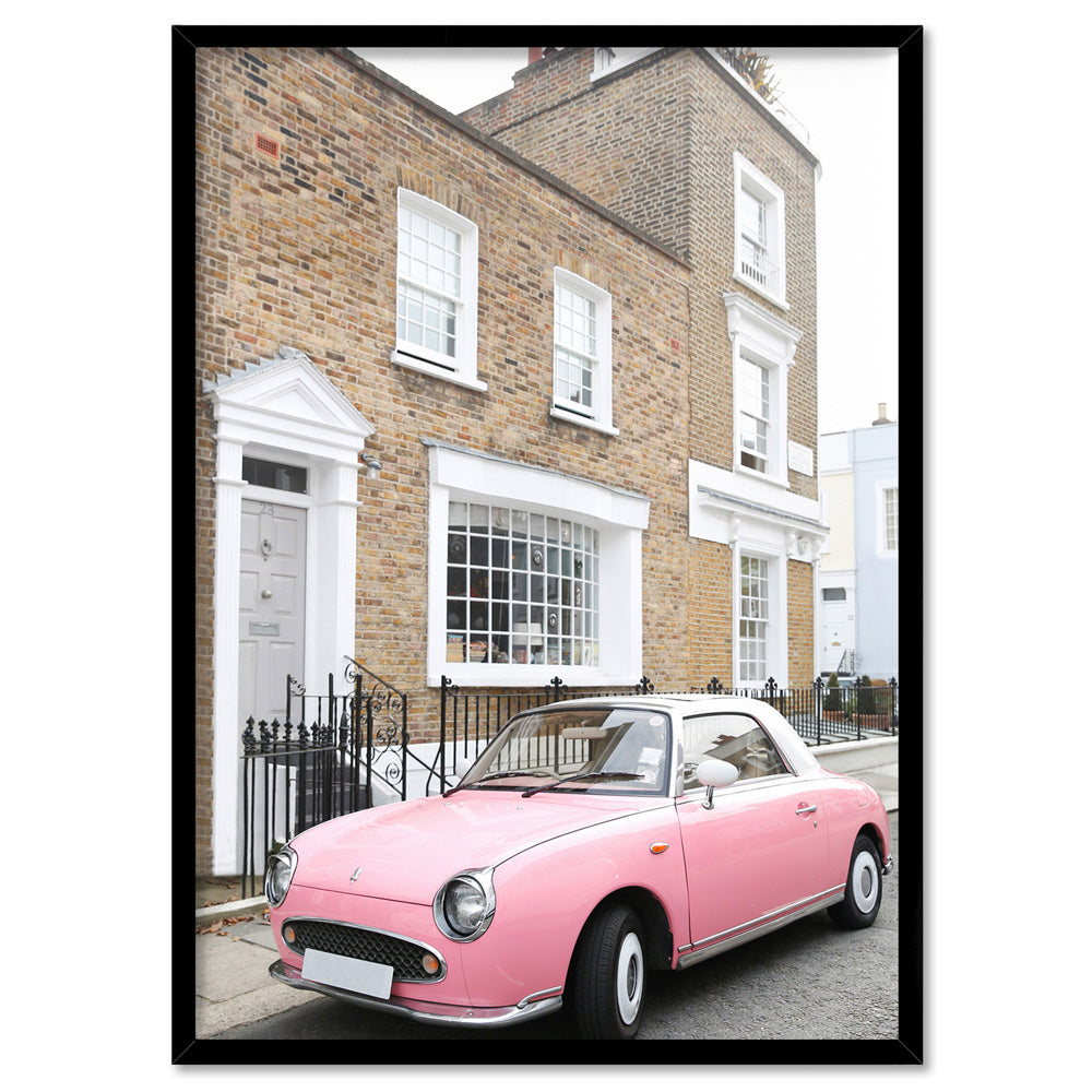 Pink Figaro in London - Art Print by Victoria's Stories, Poster, Stretched Canvas, or Framed Wall Art Print, shown in a black frame