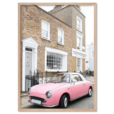 Pink Figaro in London - Art Print by Victoria's Stories, Poster, Stretched Canvas, or Framed Wall Art Print, shown in a natural timber frame