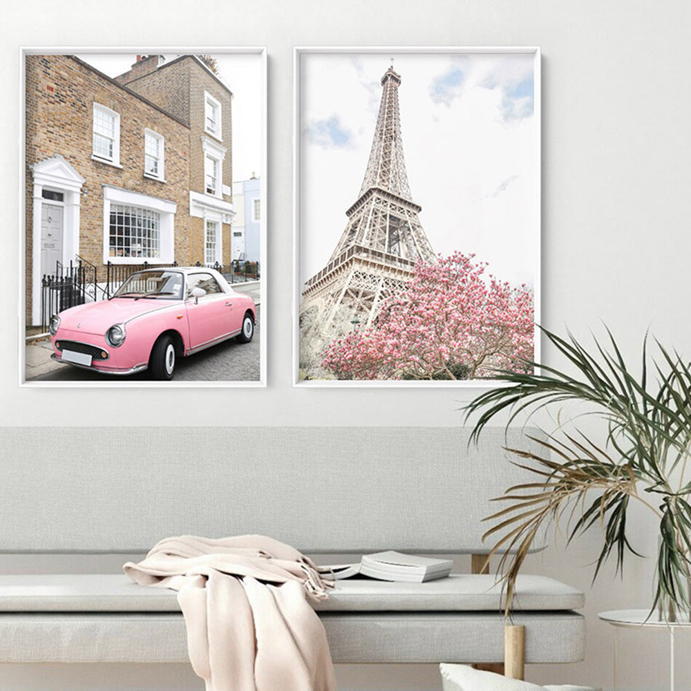 Pink Figaro in London - Art Print by Victoria's Stories, Poster, Stretched Canvas or Framed Wall Art, shown framed in a home interior space