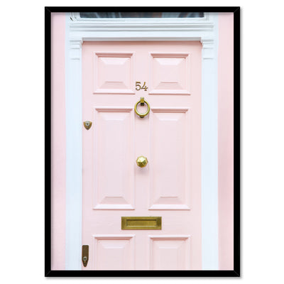 Pretty Pink Door London - Art Print by Victoria's Stories, Poster, Stretched Canvas, or Framed Wall Art Print, shown in a black frame