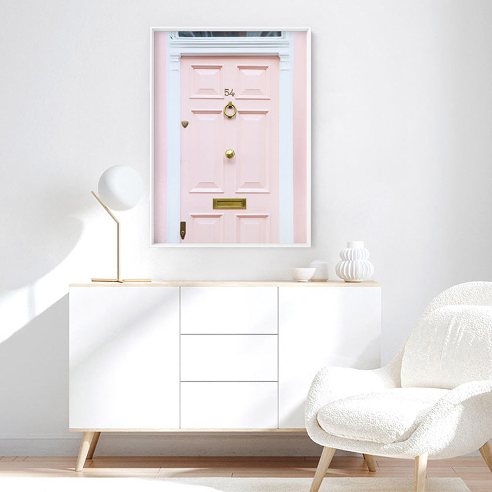 Pretty Pink Door London - Art Print by Victoria's Stories, Poster, Stretched Canvas or Framed Wall Art Prints, shown framed in a room