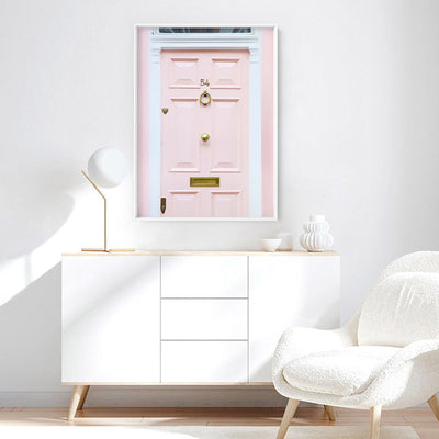 Pretty Pink Door London - Art Print by Victoria's Stories, Poster, Stretched Canvas or Framed Wall Art Prints, shown framed in a room
