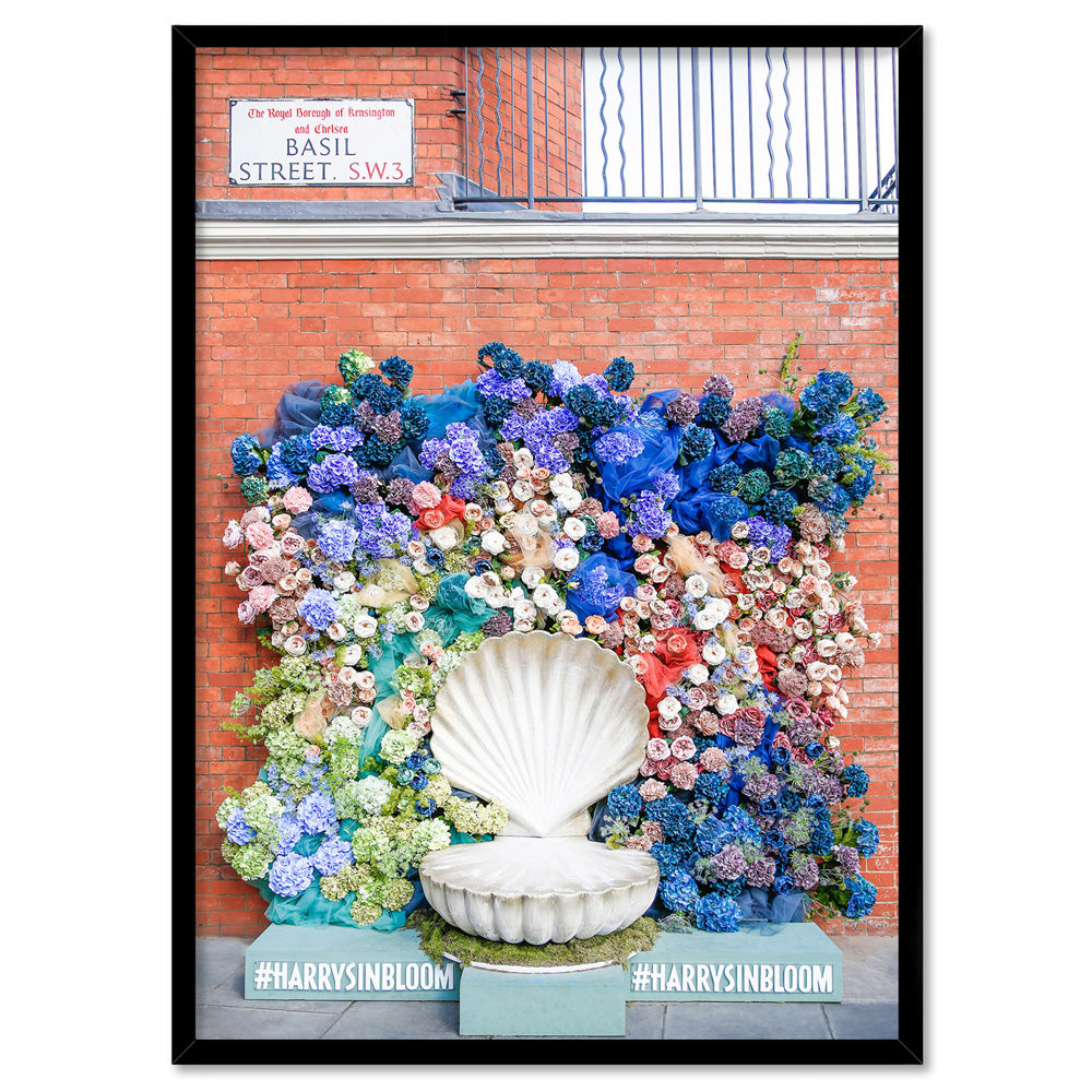 Chelsea in Bloom London - Art Print by Victoria's Stories, Poster, Stretched Canvas, or Framed Wall Art Print, shown in a black frame