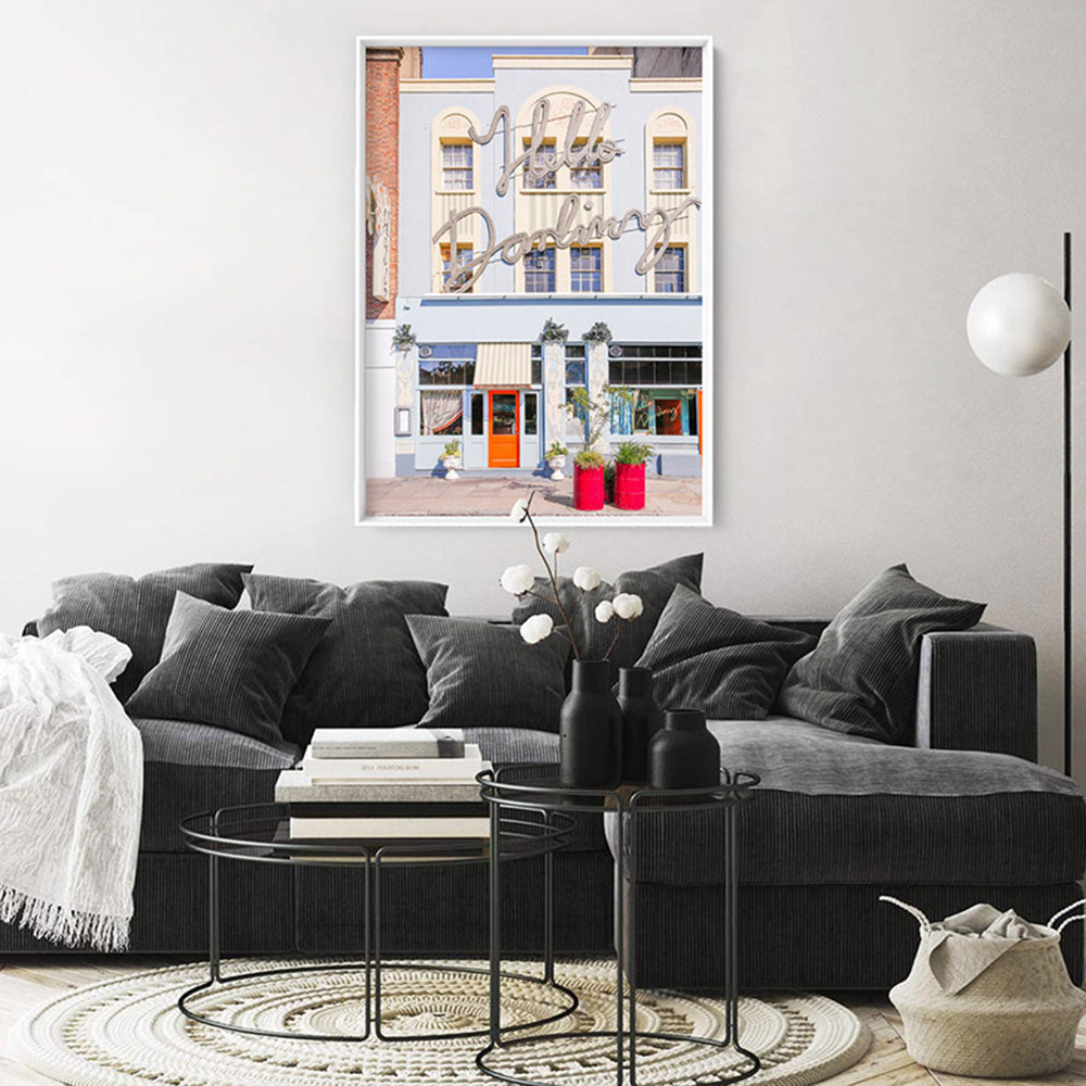 Hello Darling London - Art Print by Victoria's Stories, Poster, Stretched Canvas or Framed Wall Art Prints, shown framed in a room