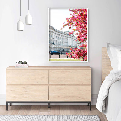 Buckingham Palace in Spring - Art Print by Victoria's Stories, Poster, Stretched Canvas or Framed Wall Art Prints, shown framed in a room