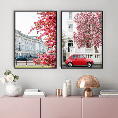 Buckingham Palace in Spring - Art Print by Victoria's Stories, Poster, Stretched Canvas or Framed Wall Art, shown framed in a home interior space