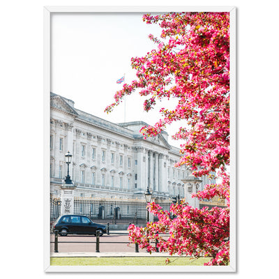 Buckingham Palace in Spring - Art Print by Victoria's Stories, Poster, Stretched Canvas, or Framed Wall Art Print, shown in a white frame