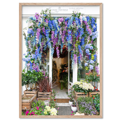 Floral Artistry London - Art Print by Victoria's Stories, Poster, Stretched Canvas, or Framed Wall Art Print, shown in a natural timber frame