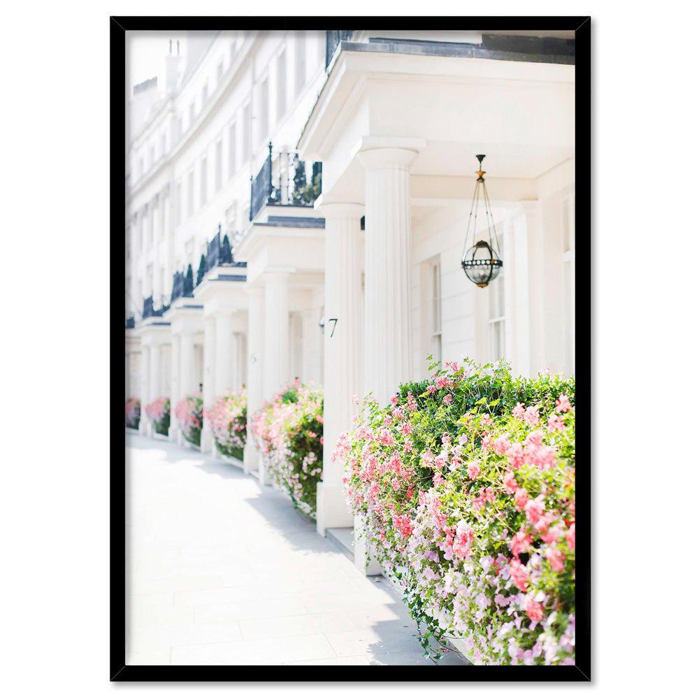 Pretty London Terraces - Art Print by Victoria's Stories, Poster, Stretched Canvas, or Framed Wall Art Print, shown in a black frame