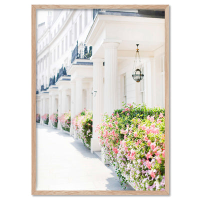 Pretty London Terraces - Art Print by Victoria's Stories, Poster, Stretched Canvas, or Framed Wall Art Print, shown in a natural timber frame