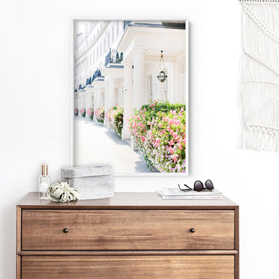 Pretty London Terraces - Art Print by Victoria's Stories, Poster, Stretched Canvas or Framed Wall Art Prints, shown framed in a room