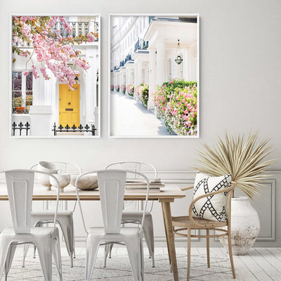 Pretty London Terraces - Art Print by Victoria's Stories, Poster, Stretched Canvas or Framed Wall Art, shown framed in a home interior space