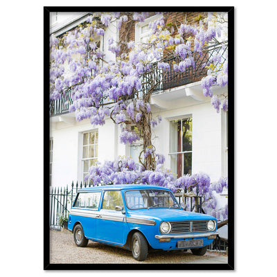 Blue Car in London - Art Print by Victoria's Stories, Poster, Stretched Canvas, or Framed Wall Art Print, shown in a black frame