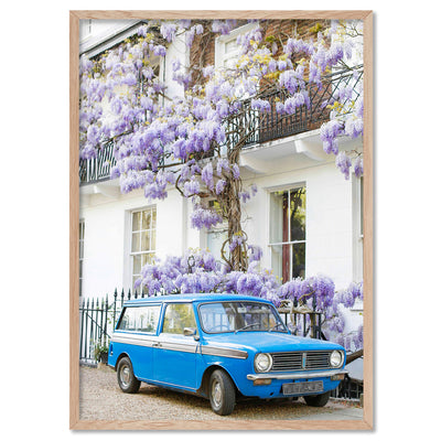Blue Car in London - Art Print by Victoria's Stories, Poster, Stretched Canvas, or Framed Wall Art Print, shown in a natural timber frame