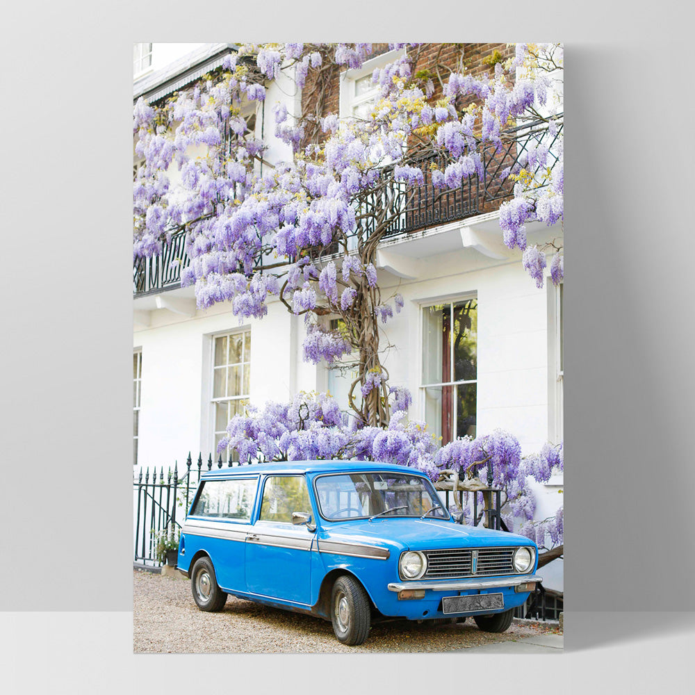 Blue Car in London - Art Print by Victoria's Stories, Poster, Stretched Canvas, or Framed Wall Art Print, shown as a stretched canvas or poster without a frame