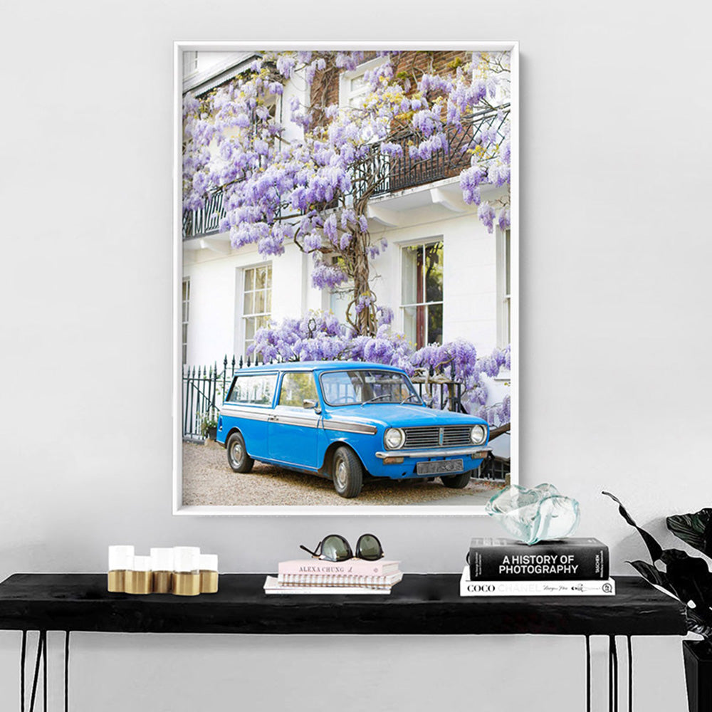 Blue Car in London - Art Print by Victoria's Stories, Poster, Stretched Canvas or Framed Wall Art Prints, shown framed in a room