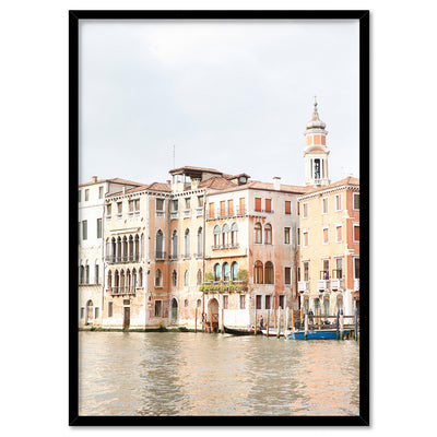 Venice Canal Sunset Italy - Art Print by Victoria's Stories, Poster, Stretched Canvas, or Framed Wall Art Print, shown in a black frame