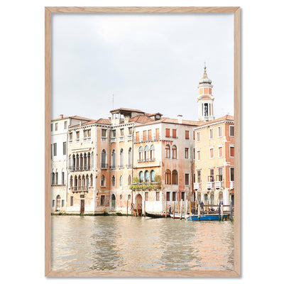 Venice Canal Sunset Italy - Art Print by Victoria's Stories, Poster, Stretched Canvas, or Framed Wall Art Print, shown in a natural timber frame
