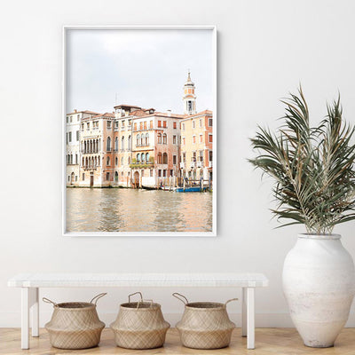Venice Canal Sunset Italy - Art Print by Victoria's Stories, Poster, Stretched Canvas or Framed Wall Art Prints, shown framed in a room
