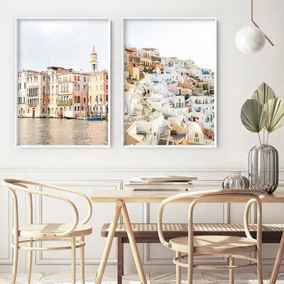 Venice Canal Sunset Italy - Art Print by Victoria's Stories, Poster, Stretched Canvas or Framed Wall Art, shown framed in a home interior space