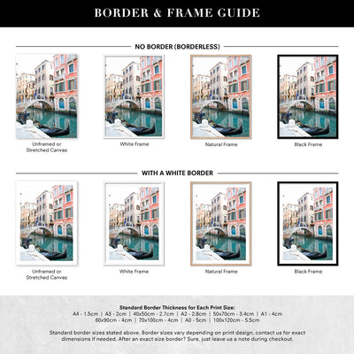 Venice Gondola View Italy - Art Print by Victoria's Stories, Poster, Stretched Canvas or Framed Wall Art, Showing White , Black, Natural Frame Colours, No Frame (Unframed) or Stretched Canvas, and With or Without White Borders