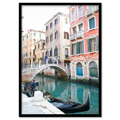 Venice Gondola View Italy - Art Print by Victoria's Stories, Poster, Stretched Canvas, or Framed Wall Art Print, shown in a black frame