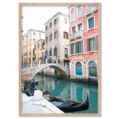 Venice Gondola View Italy - Art Print by Victoria's Stories, Poster, Stretched Canvas, or Framed Wall Art Print, shown in a natural timber frame