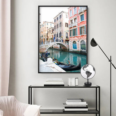 Venice Gondola View Italy - Art Print by Victoria's Stories, Poster, Stretched Canvas or Framed Wall Art Prints, shown framed in a room