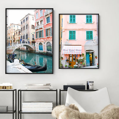 Venice Gondola View Italy - Art Print by Victoria's Stories, Poster, Stretched Canvas or Framed Wall Art, shown framed in a home interior space