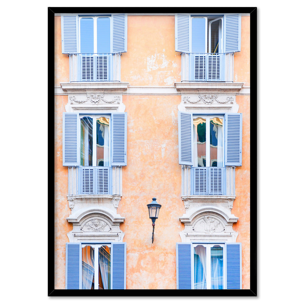 Pretty Roman Shutters Italy - Art Print by Victoria's Stories, Poster, Stretched Canvas, or Framed Wall Art Print, shown in a black frame