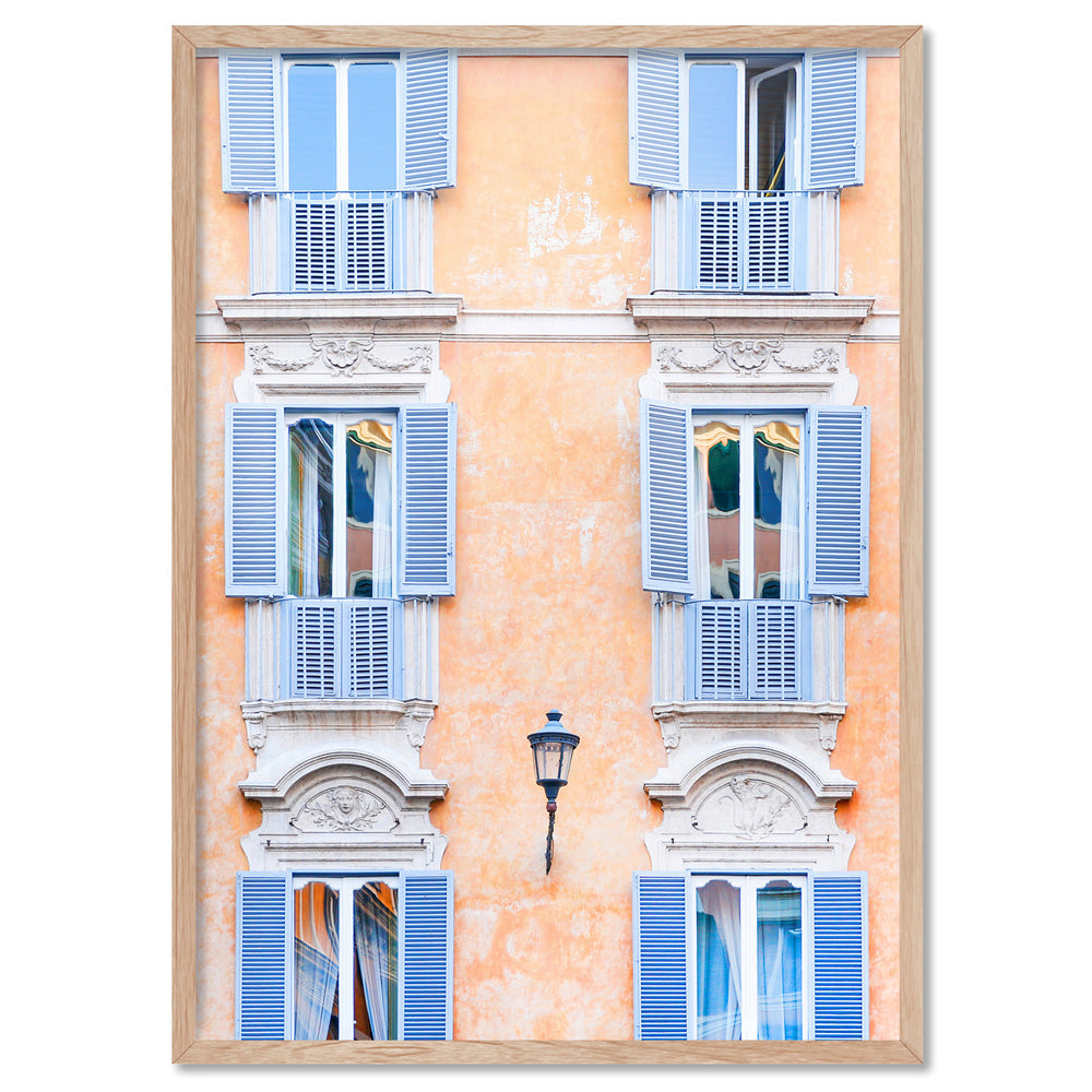 Pretty Roman Shutters Italy - Art Print by Victoria's Stories, Poster, Stretched Canvas, or Framed Wall Art Print, shown in a natural timber frame