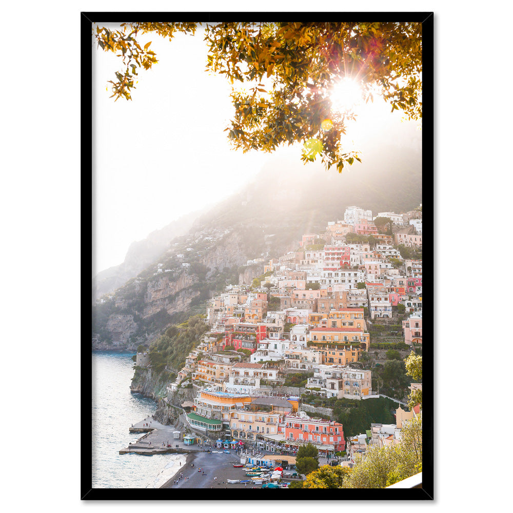 Positano Cliffside Morning - Art Print by Victoria's Stories, Poster, Stretched Canvas, or Framed Wall Art Print, shown in a black frame
