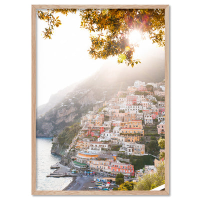 Positano Cliffside Morning - Art Print by Victoria's Stories, Poster, Stretched Canvas, or Framed Wall Art Print, shown in a natural timber frame