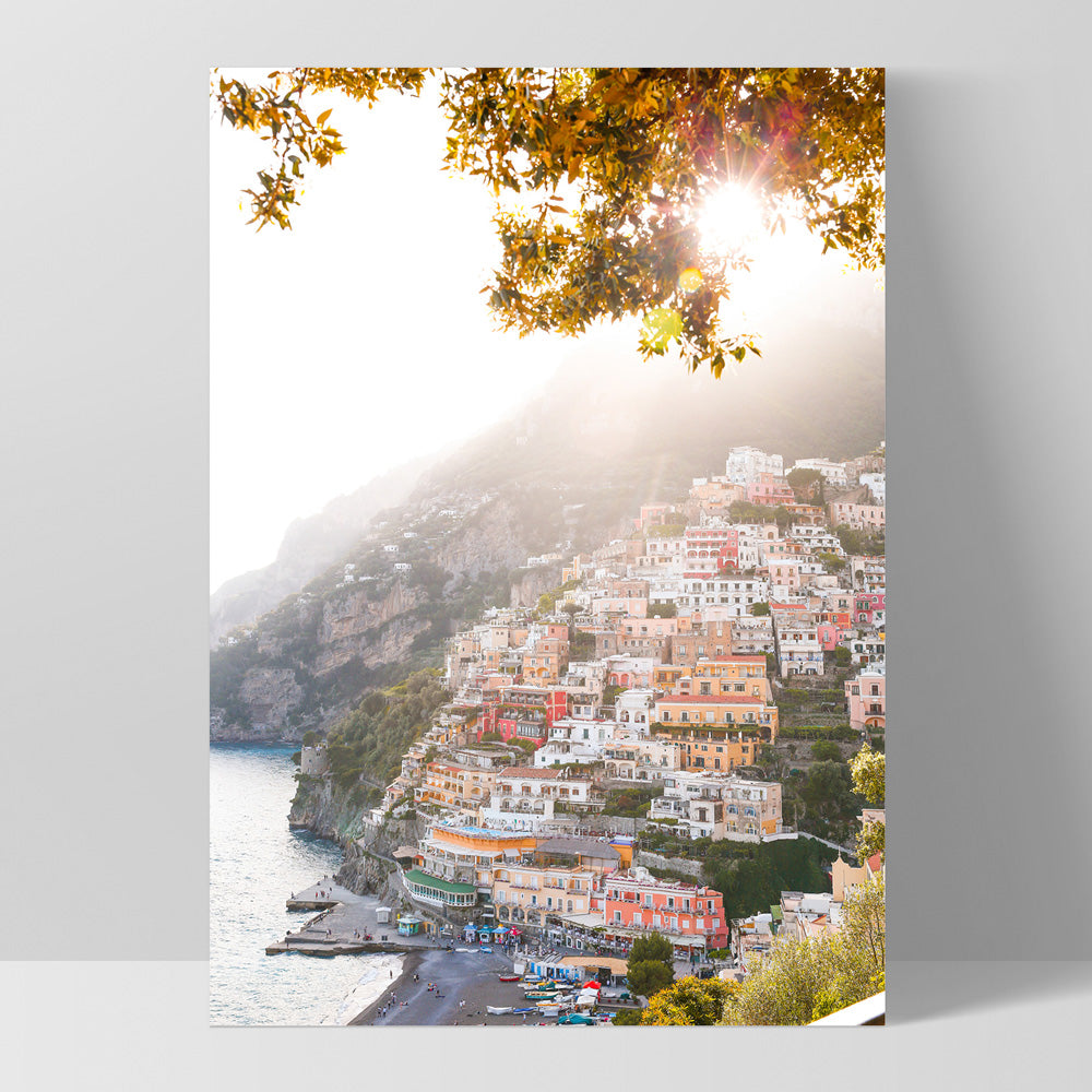 Positano Cliffside Morning - Art Print by Victoria's Stories, Poster, Stretched Canvas, or Framed Wall Art Print, shown as a stretched canvas or poster without a frame