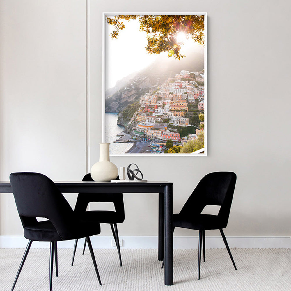 Positano Cliffside Morning - Art Print by Victoria's Stories, Poster, Stretched Canvas or Framed Wall Art Prints, shown framed in a room