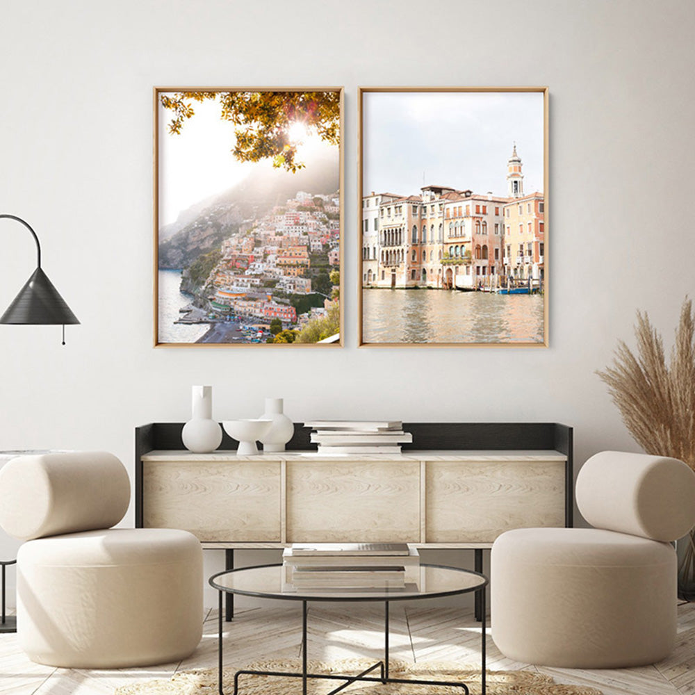 Positano Cliffside Morning - Art Print by Victoria's Stories, Poster, Stretched Canvas or Framed Wall Art, shown framed in a home interior space