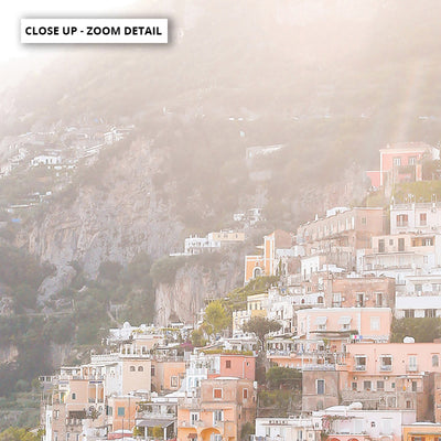 Positano Cliffside Morning - Art Print by Victoria's Stories, Poster, Stretched Canvas or Framed Wall Art, Close up View of Print Resolution
